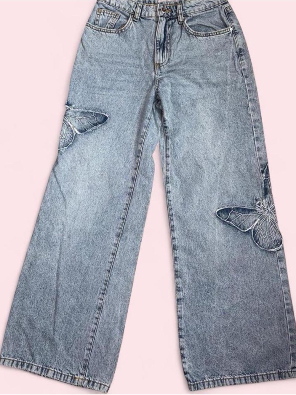 Cotton On Light Blue Wide-Leg Jeans with Butterfly Appliqué